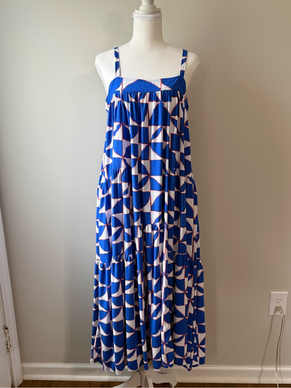 Abel the Label Blue Geometric Print Tiered Maxi Dress | M